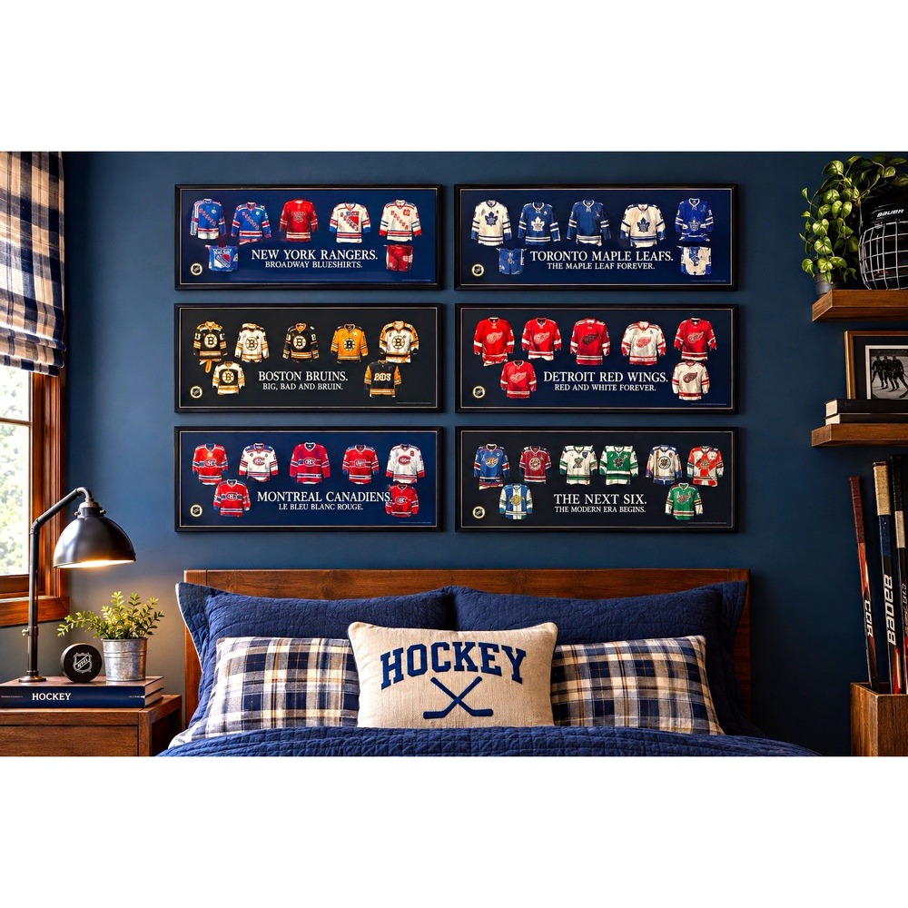 Vintage collection of six NHL jersey-history plaques hockey artwork